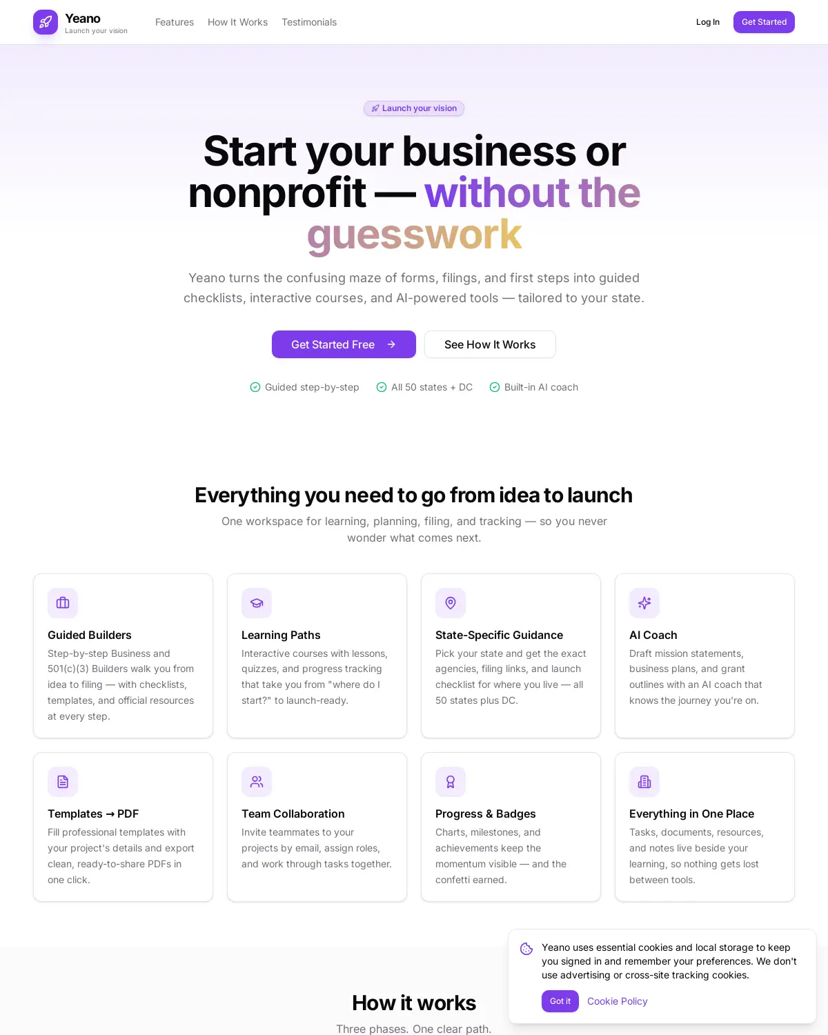 A screenshot of the live yeano.co site.